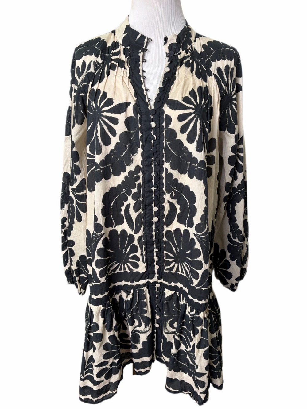 Antonio Melani Tan and Black Printed Long Sleeve Button Down Shift Dress
